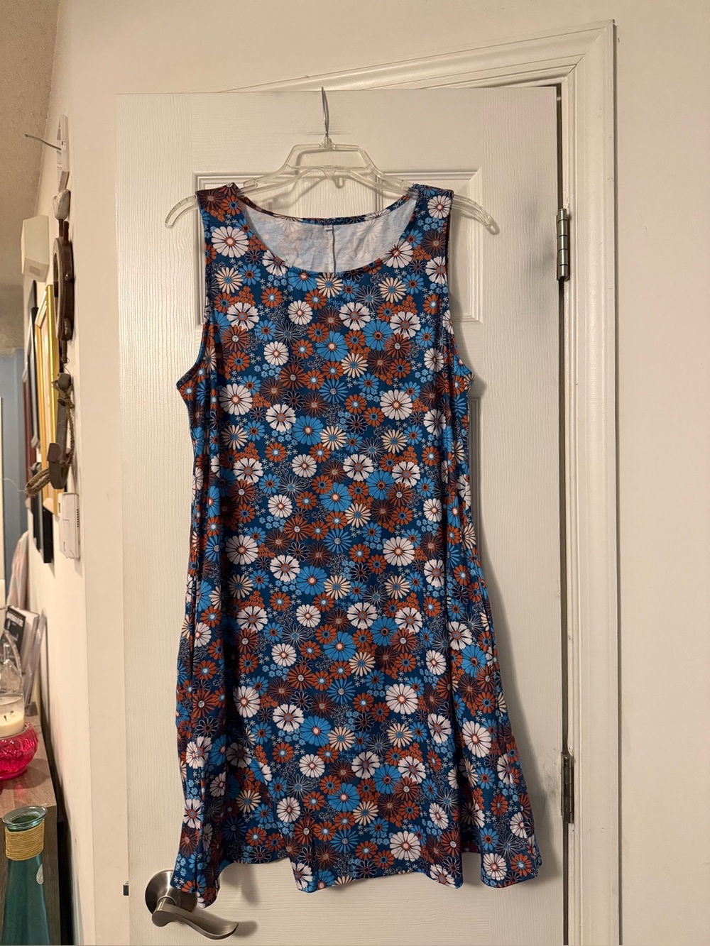 Sleeveless Floral A-Line Dress in Blue and Brown